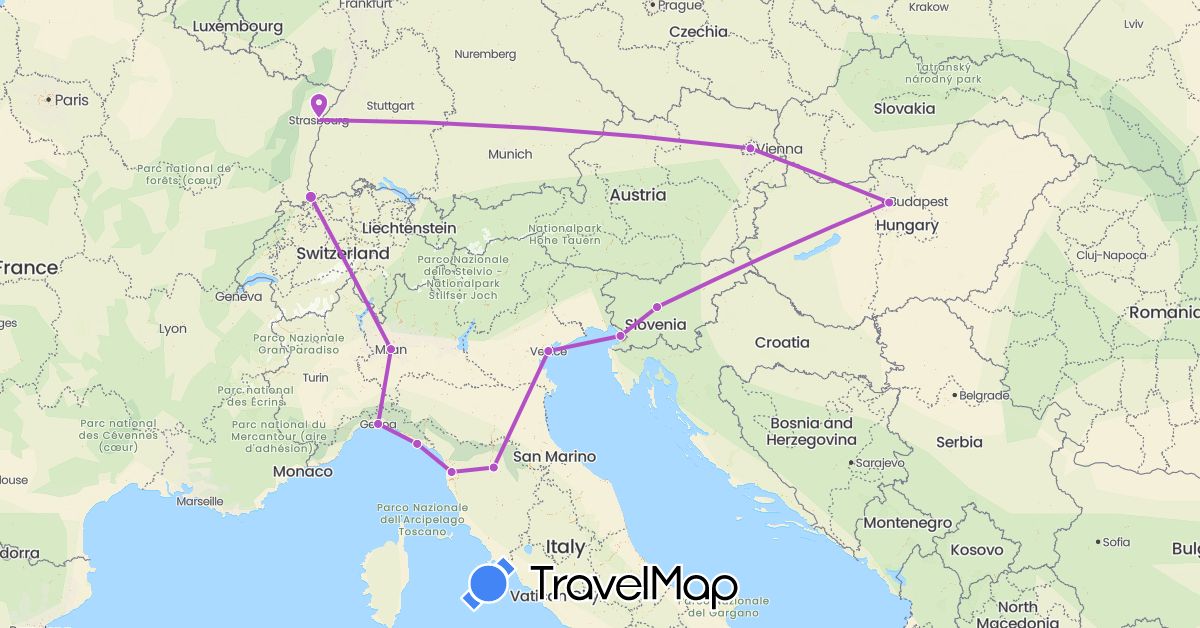 TravelMap itinerary: driving, train in Austria, Switzerland, France, Hungary, Italy, Slovenia (Europe)